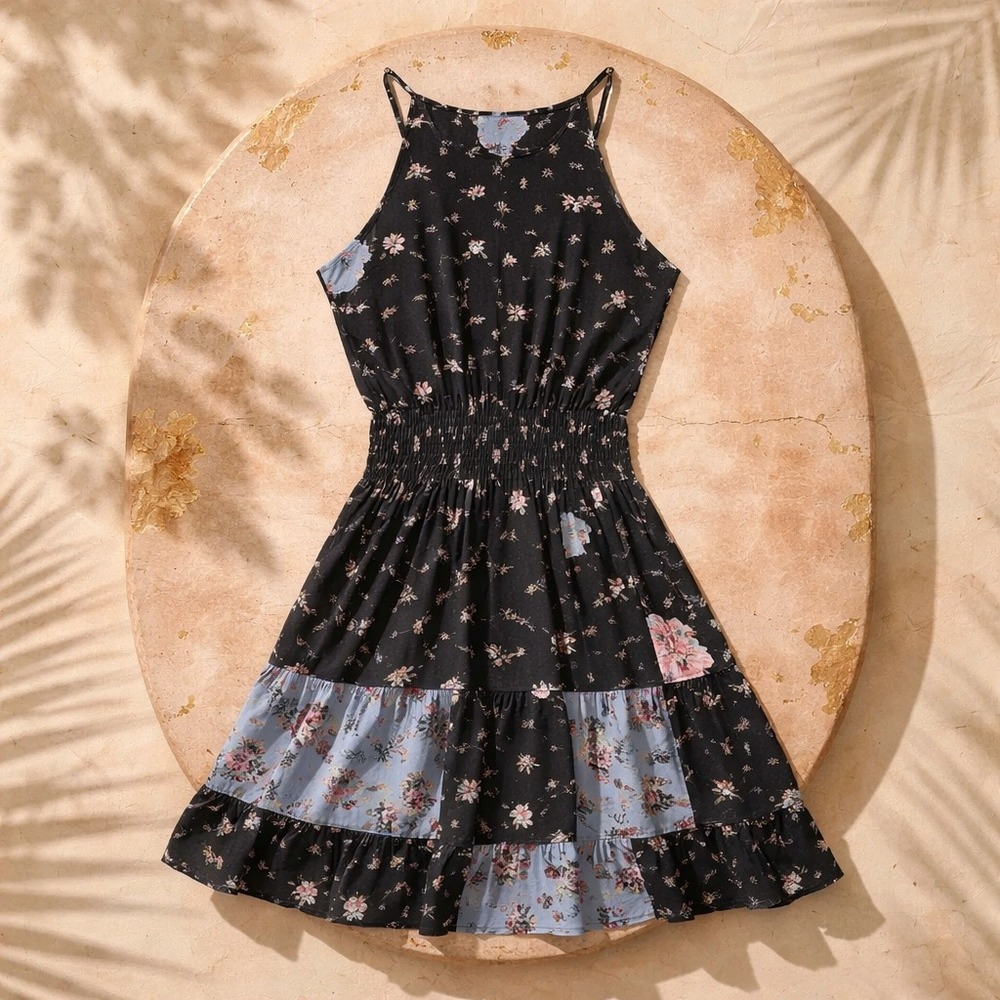 Parker Mixed Floral Hummingbird Boho Patchwork Silk Mini Dress Smocked Black M